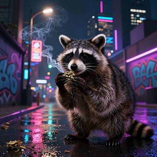Photorealistic CGI of a raccoon smoking a cigarette on a neon-lit, rainy urban street with colorful graffiti and glowing signs.