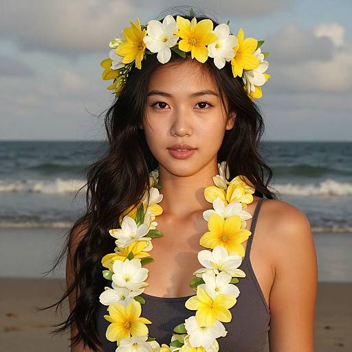 Photograph of an Asian woman with long black hair, wearing a yellow and white flower crown and matching necklace, standing on a beach with ocean waves in