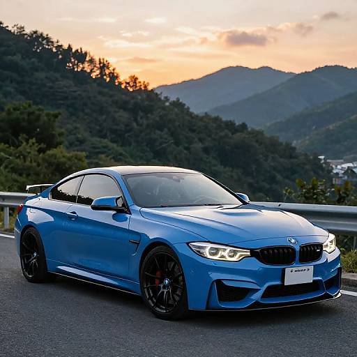 Blue BMW M4 Sunset Forest Drive