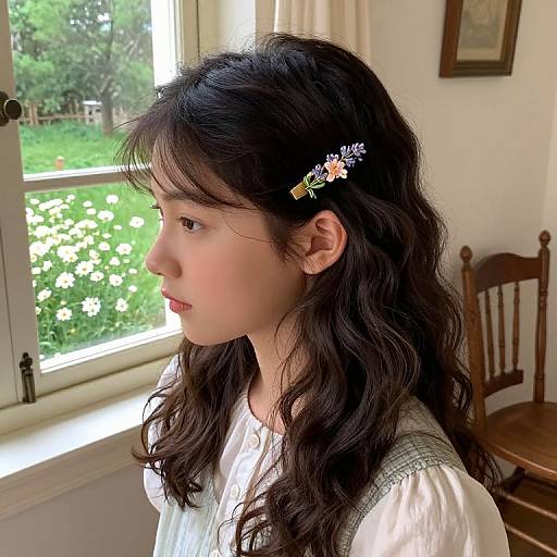 Photograph of a young Asian girl with long, wavy black hair, adorned with floral hairpins, gazing out a sunlit window, wearing