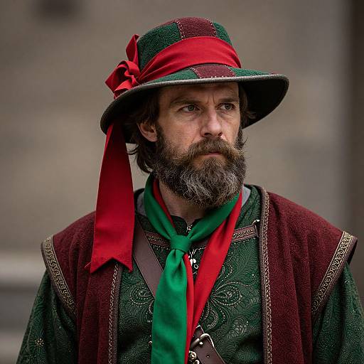Photograph of a bearded man with a green and red hat, patterned green shirt, red scarf, and brown vest, looking serious.
