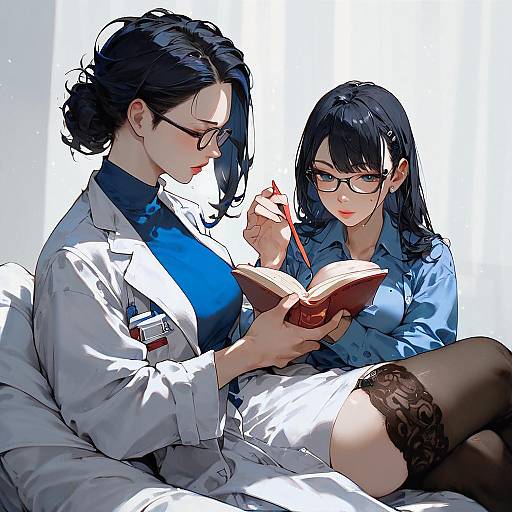 Two Women in Lab Coats Reading Together