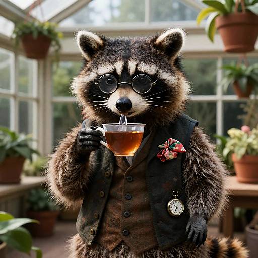 Victorian Raccoon Sipping Tea in Conservatory