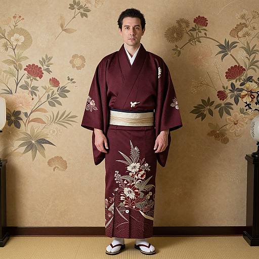Photograph of a young Asian man in a maroon floral kimono with white patterns, white belt, and white sandals, standing against a beige floral