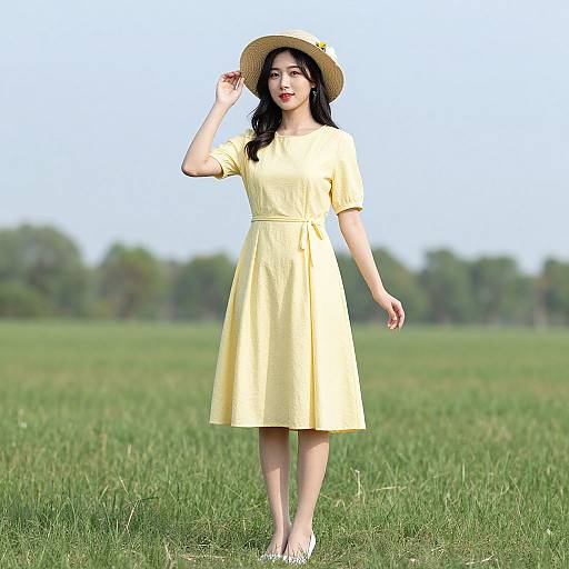 Photograph of an Asian woman in a yellow dress and straw hat, standing in a green field, smiling, and touching her hat.
