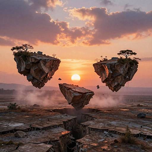 Surreal Floating Islands at Sunset