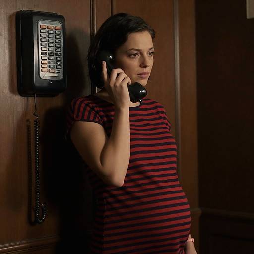 Pregnant Woman Using Vintage Phone Indoors
