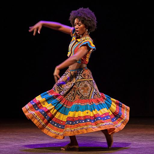 Photograph of a dark-skinned African woman with natural afro, dancing in vibrant, colorful traditional dress, against a black background.
