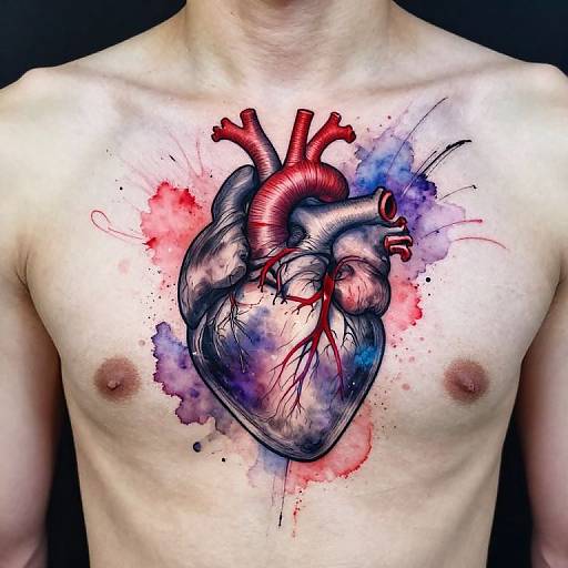 Anatomical Heart Watercolor Chest Tattoo