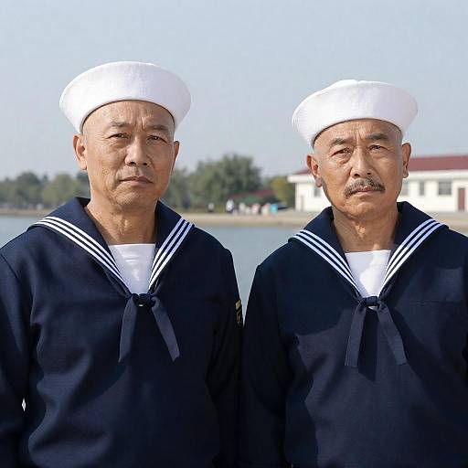 Two Older Sailors in Uniform by the Waterfront