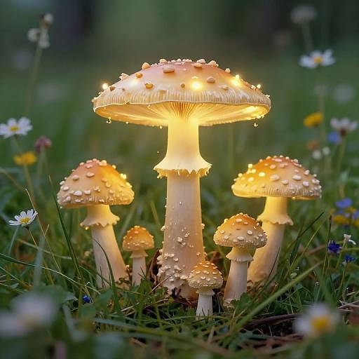 Photograph of glowing, yellow-orange mushrooms with dewdrops, surrounded by wildflowers, in a green, blurred forest background at dusk.