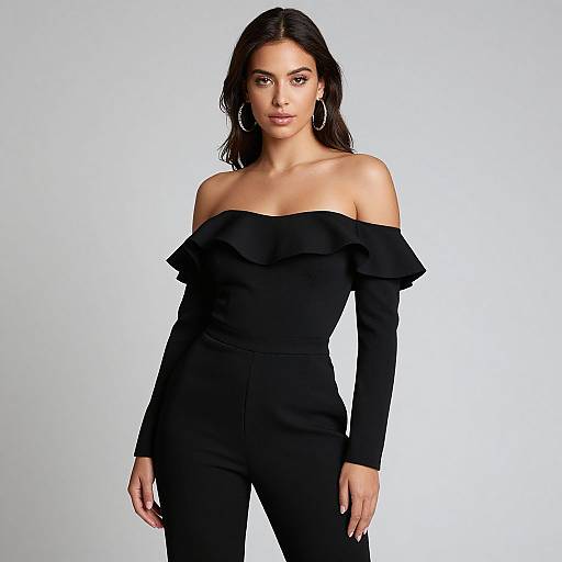 Photograph of a confident woman with medium brown skin and dark hair, wearing an off-shoulder black ruffle top and matching pants, standing against