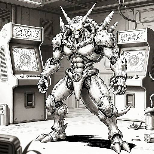 Black-and-white digital drawing of a muscular, armored, horned robot with spikes, standing in an arcade room with two arcade machines.