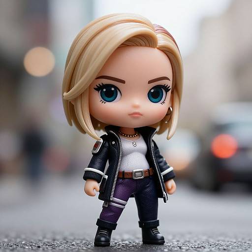 Photograph of a blonde, blue-eyed doll with a black leather jacket, white top, and dark pants, standing on a blurred city street.