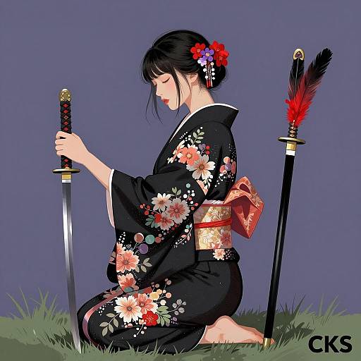 Asian Woman in Floral Kimono with Swords