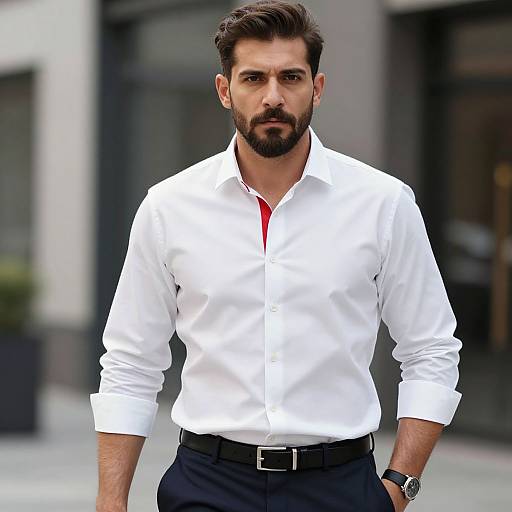 Photograph of a handsome, bearded man with dark hair, wearing a crisp white dress shirt and black pants, standing confidently outdoors.