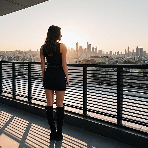Woman in Black Dress on Modern Terrace at Sunset