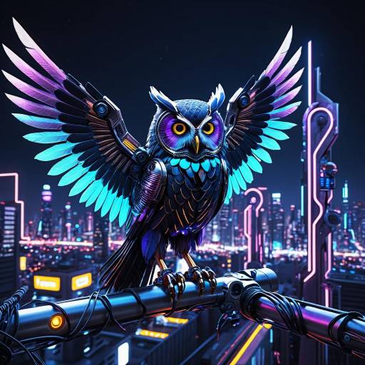 Futuristic Robotic Owl with Neon Cityscape
