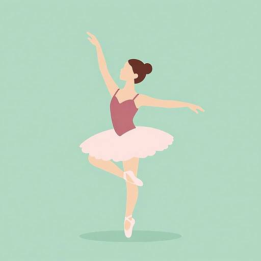 Digital illustration of a ballet dancer in a pink leotard and white tutu, poised on one leg with arms gracefully extended, against a light turquoise