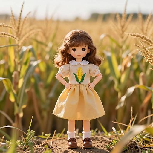 Whimsical Doll in Sunlit Cornfield