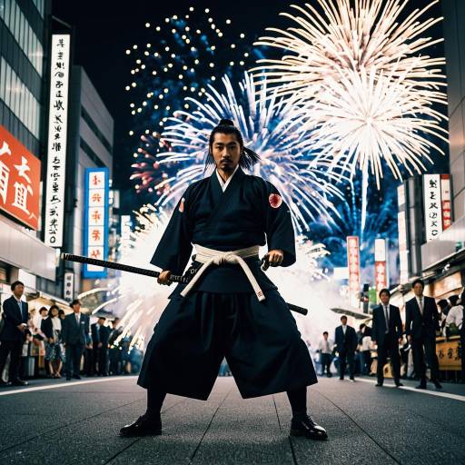 Corporate Samurai with Fireworks in Shinjuku