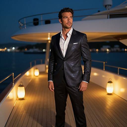 Photograph of a handsome man with dark hair and beard, wearing a shimmering black suit and white shirt, standing on a lit wooden yacht deck at