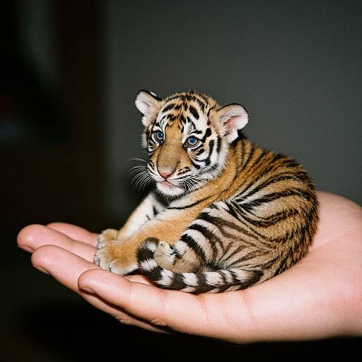 Photograph of a small, adorable tiger cub with striking orange, black, and white stripes, nestled in a gentle human hand against a dark background.