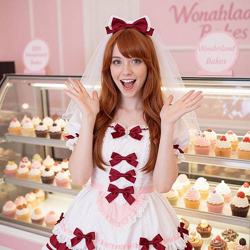 Photograph of a smiling, fair-skinned woman with long red hair in a white cupcake-themed dress with red bows, standing in a brightly lit