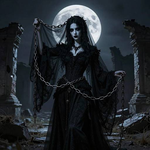 Gothic woman with pale skin, black dress, and chains stands before a full moon in a ruined, dark, ruined landscape. Digital art.