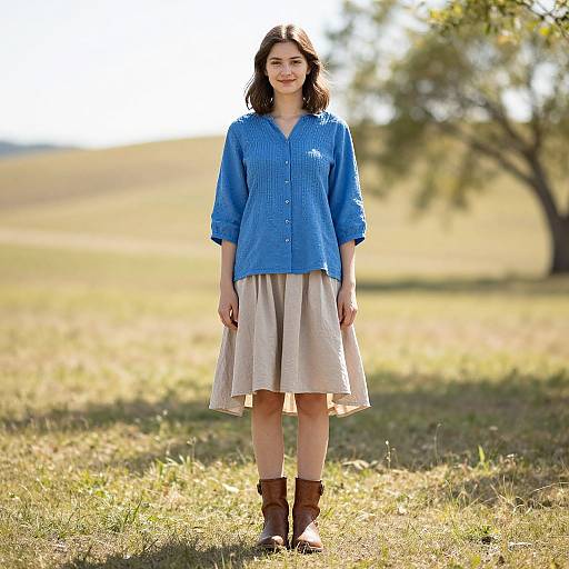 Photograph of a smiling woman with wavy brown hair, wearing a blue button-up shirt, beige skirt, and brown ankle boots, standing in a