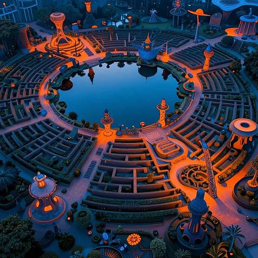 Aerial photograph of a illuminated, circular garden maze at twilight, featuring glowing orange lights, intricate pathways, and ornate statues.