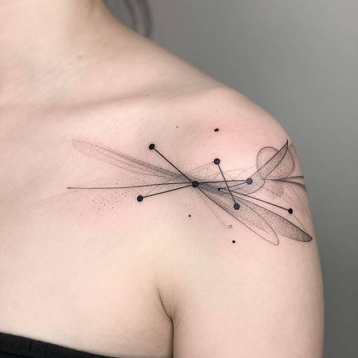 Photograph of a delicate, black-ink dragonfly tattoo on a light-skinned shoulder, featuring thin lines and small black dots, against a plain