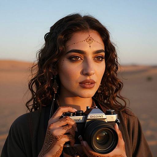 Photograph of a dark-haired woman with intricate henna designs on her face and hands, holding a vintage Olympus camera in a desert at sunset.