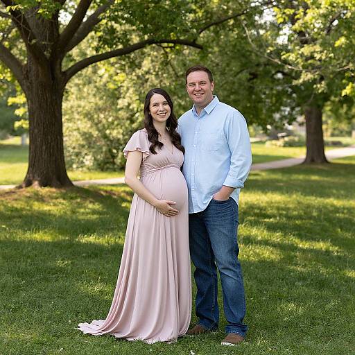 Pregnant woman in a pink satin dress and smiling man in a blue shirt stand on grass, surrounded by trees. Photographic image.