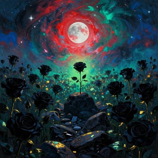 Digital painting of a dark, glowing rose field under a swirling, red and blue cosmic sky with a bright full moon.