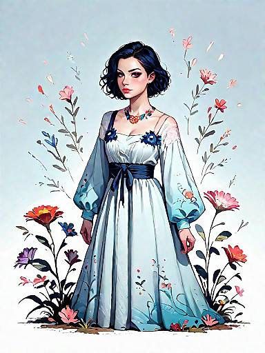 Stylish Woman in Boho Dress with Floral Background