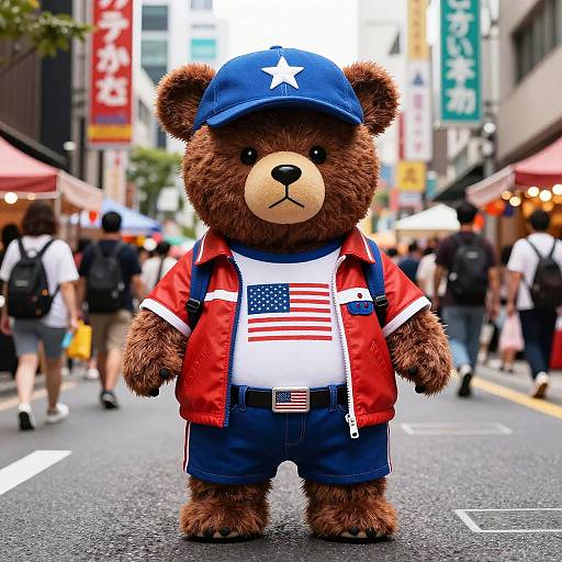 Realistic Bear in USA-Themed Outfit on Japanese Street