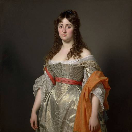 18th-century portrait of a young woman with long curly brown hair, fair skin, wearing an ornate silver dress with white lace, red sash