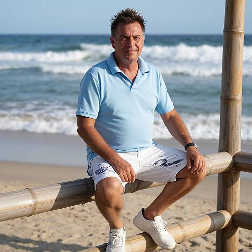 Smiling Man on Beach Bamboo Railing