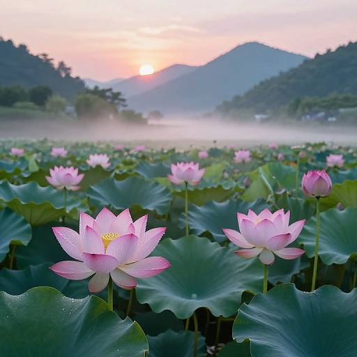 Blooming Lotus Pond at Sunrise