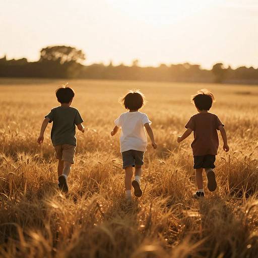 Three Children in Golden Wheat Field