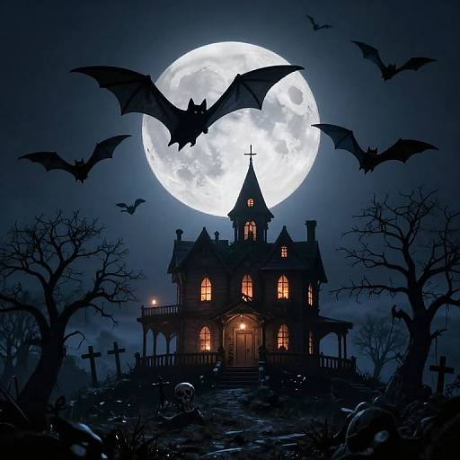 Spooky Halloween scene: glowing full moon behind haunted house, bats flying, gravestones, leafless trees, skull, and tombstones in foreground