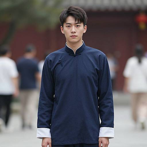 Photograph of an Asian man with short black hair, wearing a navy blue traditional long-sleeve shirt, standing outdoors in front of a blurred red