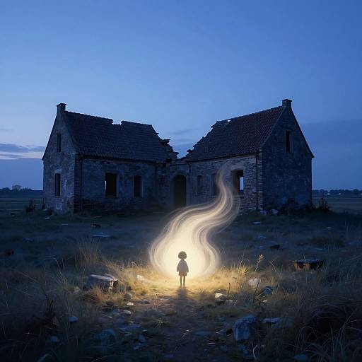 Digital artwork: Silhouetted child stands in front of glowing ethereal light, illuminating abandoned, dilapidated stone house at twilight, surrounded