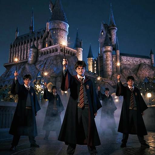 Photograph of six Hogwarts students in dark robes and striped ties standing in front of a glowing, misty castle at night.