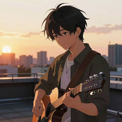 Anime-style digital drawing of a young man with black hair playing an acoustic guitar on a rooftop at sunset, wearing a black jacket and white shirt, city