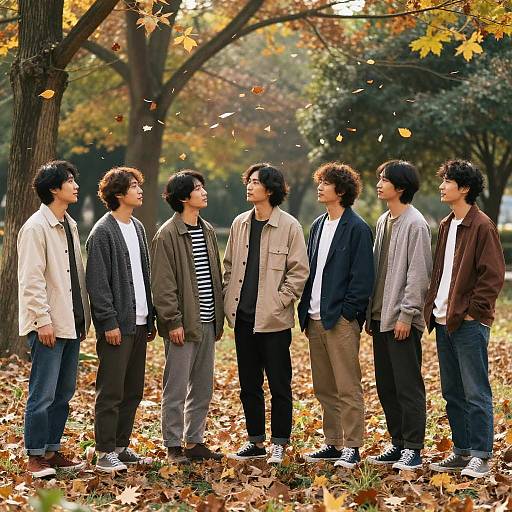 Photograph of six Asian men standing in a forest, dressed in casual autumn clothes, looking at each other, with fallen leaves around them.