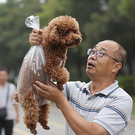 Man Holding Brown Poodle in Plastic Bag
