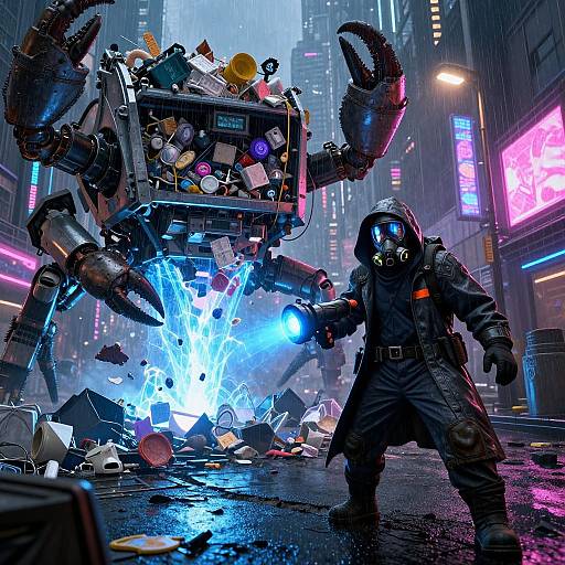 Cyberpunk cityscape: armored figure with gas mask confronts giant robot amidst neon lights, shattered debris, and rain. Dynamic, futuristic battle scene