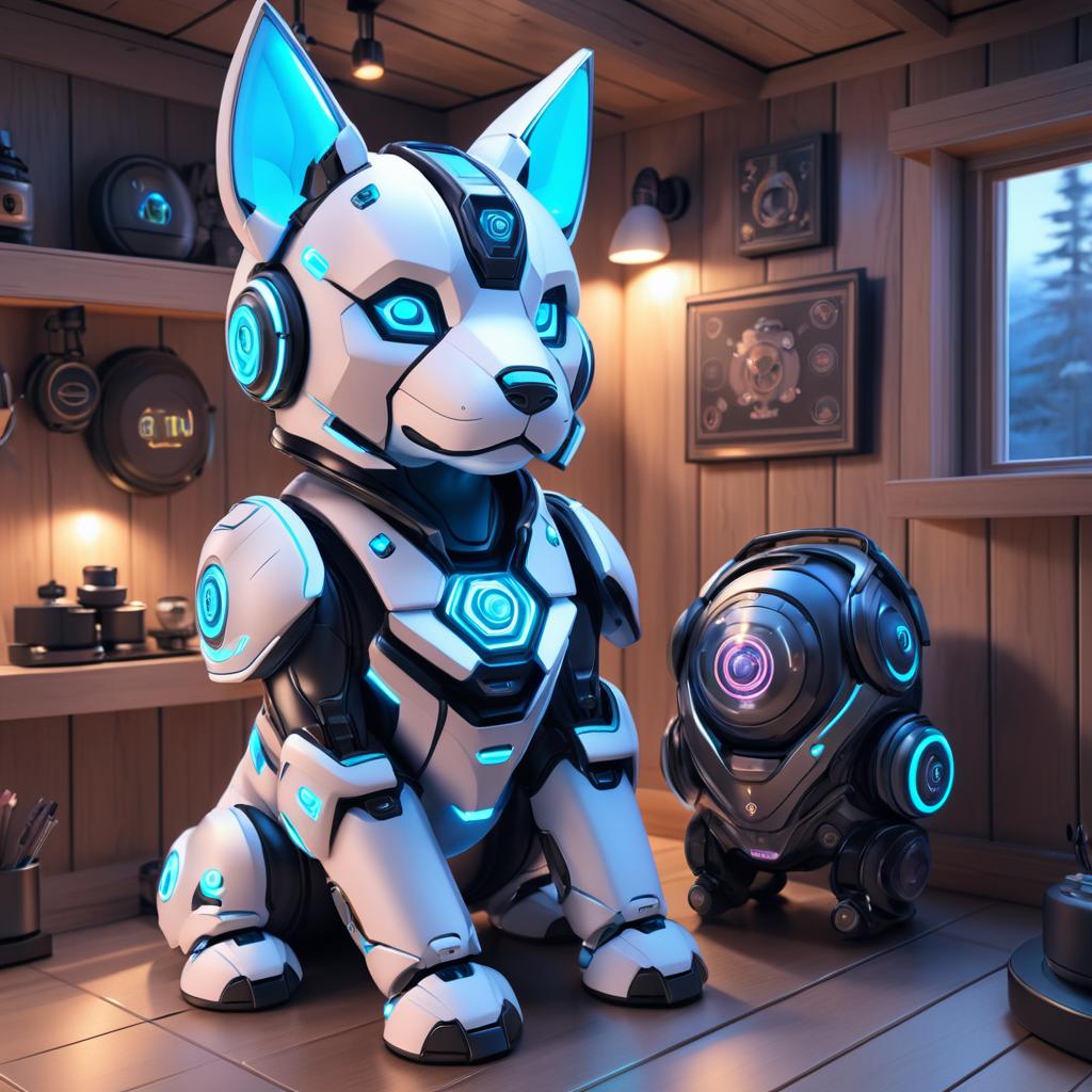 Mecha Robot Puppy in Cozy Cabin